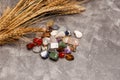 Row of multicoloured healing crystals. Various healing stones. Royalty Free Stock Photo