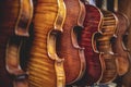 Row of multiple violins hanging on the wall, musician workshop Royalty Free Stock Photo