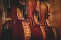 Row of multiple violins hanging on the wall, musician workshop