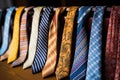 Row Of Neatly Arranged Neckties In Different Patterns. Generative AI Royalty Free Stock Photo