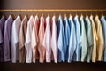 Row Of Neatly Hung Buttonup Shirts In Different Colors. Generative AI