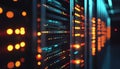 A row of network servers with glowing LED lights in a data center environment Royalty Free Stock Photo