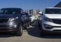 A row of new cars parked at a car dealer shop Royalty Free Stock Photo