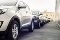 A row of new cars parked at a car dealer shop Royalty Free Stock Photo