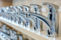 row of new chrome kitchen sink faucets displayed on shelf Royalty Free Stock Photo