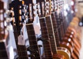 Row of new acoustic guitars in music shop Royalty Free Stock Photo