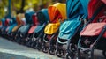 Row of new strollers, unbranded, for sale. EOF. Royalty Free Stock Photo