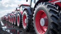 Row of new tractors, unbranded, for sale. Shallow depth of field.
