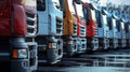 Row of new trucks without brand logos for sale. Deep focus. Royalty Free Stock Photo