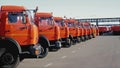 Row of new trucks standing on a concrete surface on blue sky background. Stock footage. Mechanical engineering and Royalty Free Stock Photo