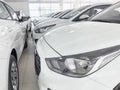 Row of new white sedan cars at car dealer showroom Royalty Free Stock Photo