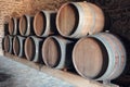 Row of oak barrels in a dry cool dark wine cellar Royalty Free Stock Photo
