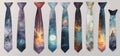 row od different mal neckties isolated on white, fashionable ties