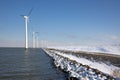 Row offshore windturbines along Ductch coast in winter with snow Royalty Free Stock Photo