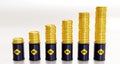 A row of oil barrels and golden coins of rising oil prices chart on white background, 3d illustration Royalty Free Stock Photo