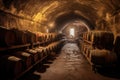 row of old barrels in a dusty wine cellar