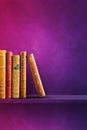 Row of old books on purple shelf. Vertical background Royalty Free Stock Photo