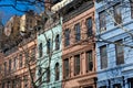 A Row of Old Colorful Brownstone Townhouses on the Upper West Side of New York City