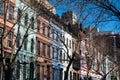 A Row of Old Colorful Brownstone Townhouses on the Upper West Side of New York City