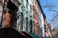 A Row of Old Colorful Brownstone Townhouses on the Upper West Side of New York City