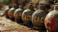 A row of old gas canisters with the word peace written on them, AI