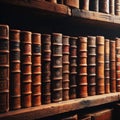 A row of old leather-bound books sit on an old wooden shelf Royalty Free Stock Photo