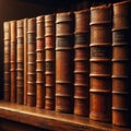 A row of old leather-bound books sit on an old wooden shelf Royalty Free Stock Photo