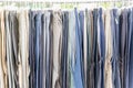 Row of old various woolen trousers Royalty Free Stock Photo