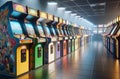 A row of old vintage arcade video game machines in an empty dark gaming room Royalty Free Stock Photo