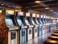 A row of old vintage arcade video game machines in an empty dark gaming room Royalty Free Stock Photo