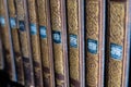 Row of old vintage books with brown and gold cover Royalty Free Stock Photo