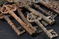 Row Of Old, Weathered Keys With Intricate Designs And Rusted Chains. Generative AI