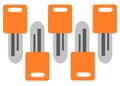 A row of orange colored plastic head short keys white backdrop