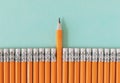 Row of orange pencils with one sharpened pencil. Leadership / standing out from a crowd concept with copy space Royalty Free Stock Photo