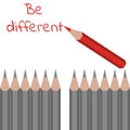 Row of ordinary grey pencils and one red with text - be different