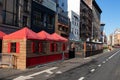 Row of Outdoor Dining Structures at Restaurants along a Street in Nolita of New York City during the Covid 19 Pandemic