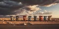 Row of Overflowing Garbage Bins Under Ominous Sky. Generative ai