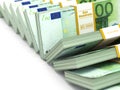 Row of packs of euro. Lots of cash money. Royalty Free Stock Photo