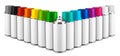 Row of paint spray bottles with white blank copy space label and multi rainbow black grey and clear colored caps. Coating can set Royalty Free Stock Photo