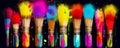 Row of paintbrushes with different colors of paint splattered on them. Generative AI