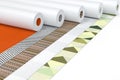 Row of Paperhanging Wallpaper Paper Rolls with Abstract Print. 3d Rendering