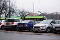 Row of parked cars on parking places in Poznan, Poland.