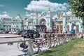 A row of parked rental bikes on Tverskaya Zastava Square in front of Belorussky Railway Station