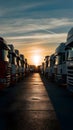 Row of parked trucks silhouetted against radiant sunrise backdrop