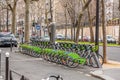 Row of parked Velib bikes, rentable bikes in Paris Royalty Free Stock Photo