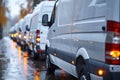 Row of parked white commercial delivery vans. Generative AI Royalty Free Stock Photo
