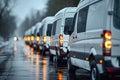 Row of parked white commercial delivery vans. Generative AI Royalty Free Stock Photo