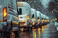 Row of parked white commercial delivery vans. Generative AI Royalty Free Stock Photo