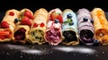 A row of pastries with different toppings and berries on top, AI Royalty Free Stock Photo