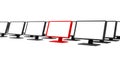 Row of pc monitors render, lots of rows of blank black pc screens isolated on white. One display red, pointed out